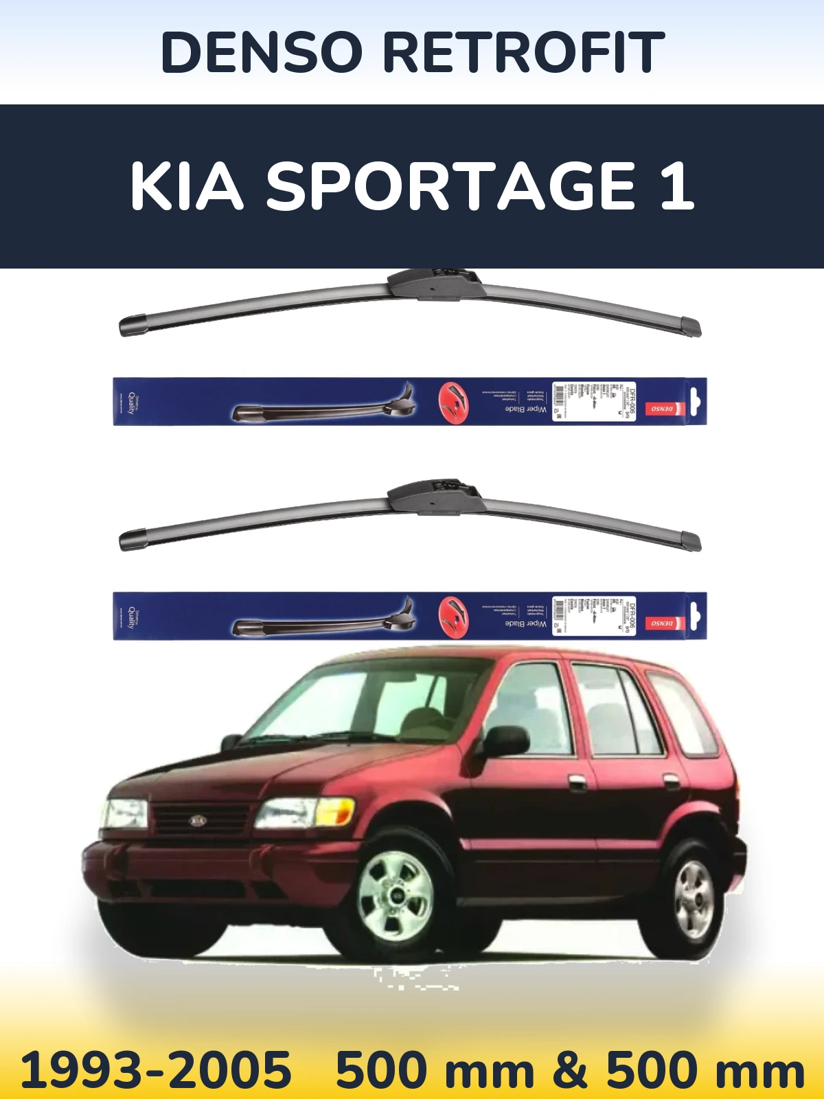 Front wiper blade set Denso Retrofit 500 & 500 mm for KIA Sportage 1 1993-2005