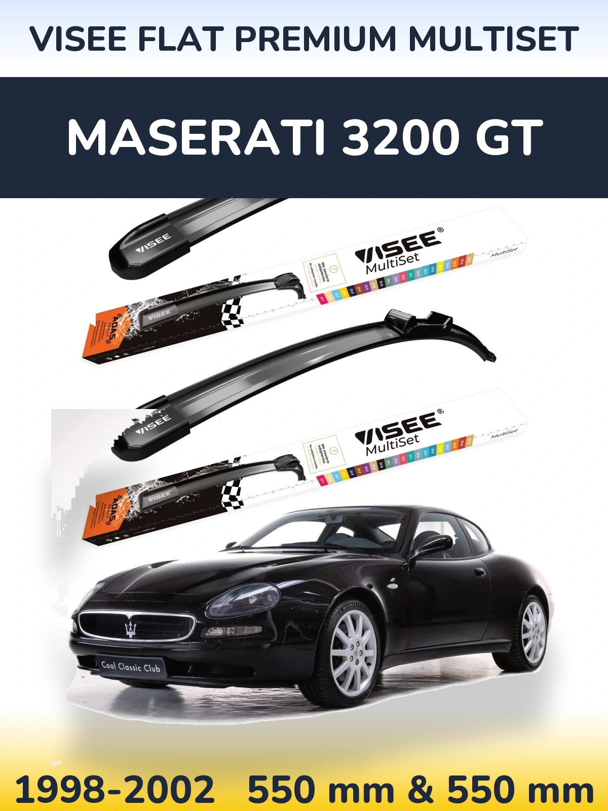 Front wiper blade set VISEE FLAT PREMIUM MultiSet 550 & 550 mm for Maserati 3200 GT 1998-2002