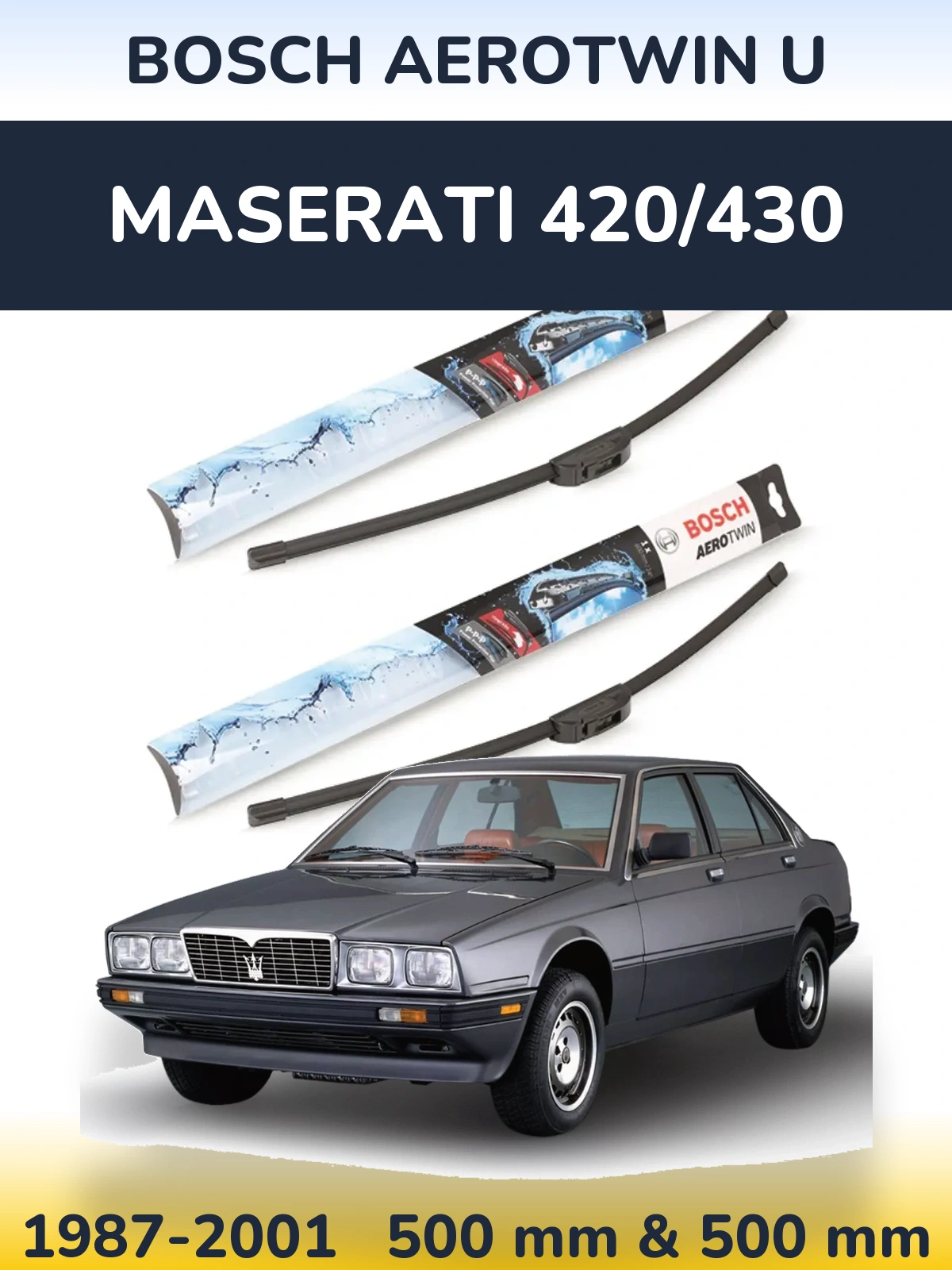 Front wiper blade set BOSCH AeroTwin U 500 & 500 mm for Maserati 420/430 1987-2001