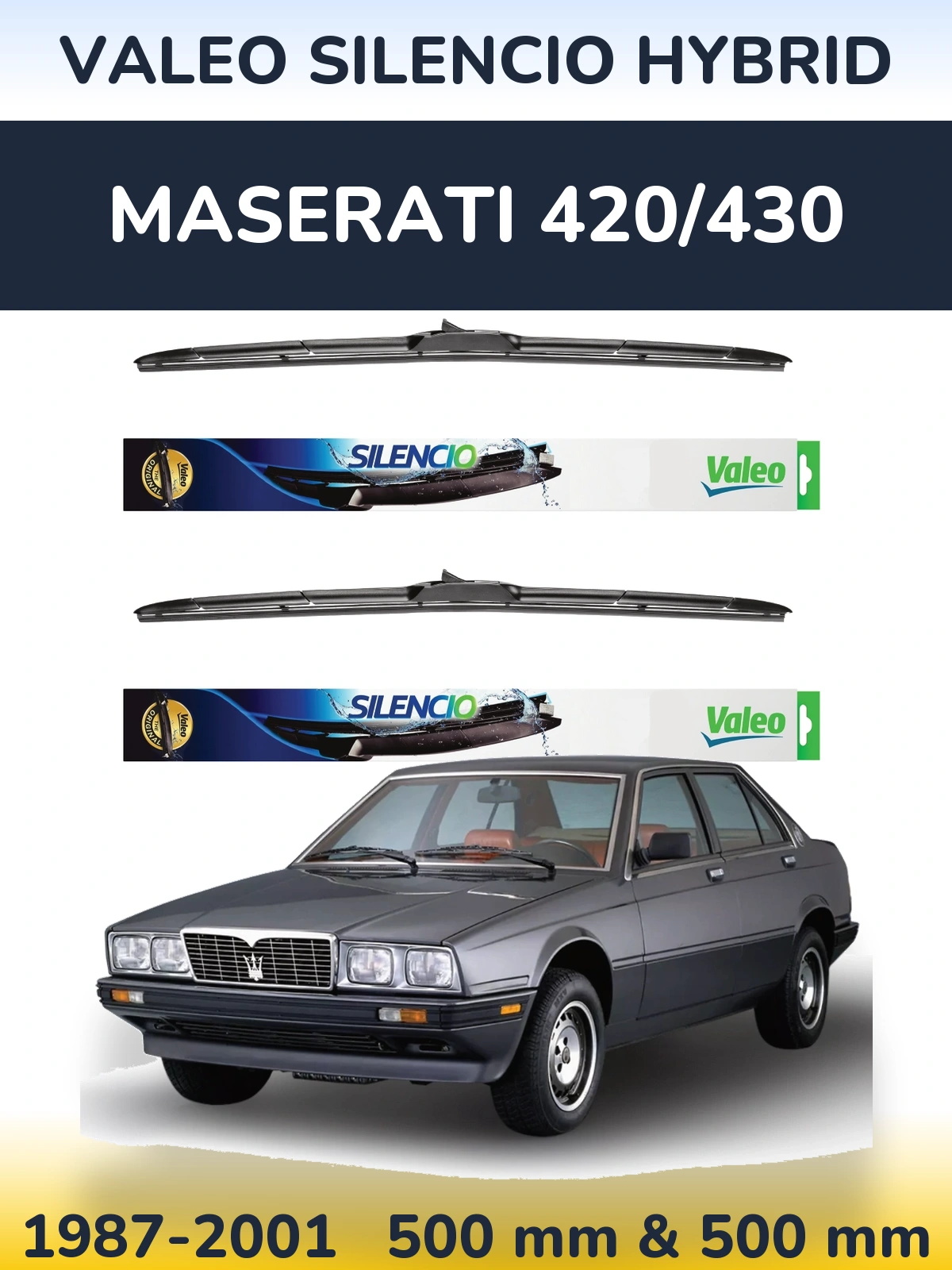 Front wiper blade set Valeo Silencio Hybrid 500 & 500 mm for Maserati 420/430 1987-2001