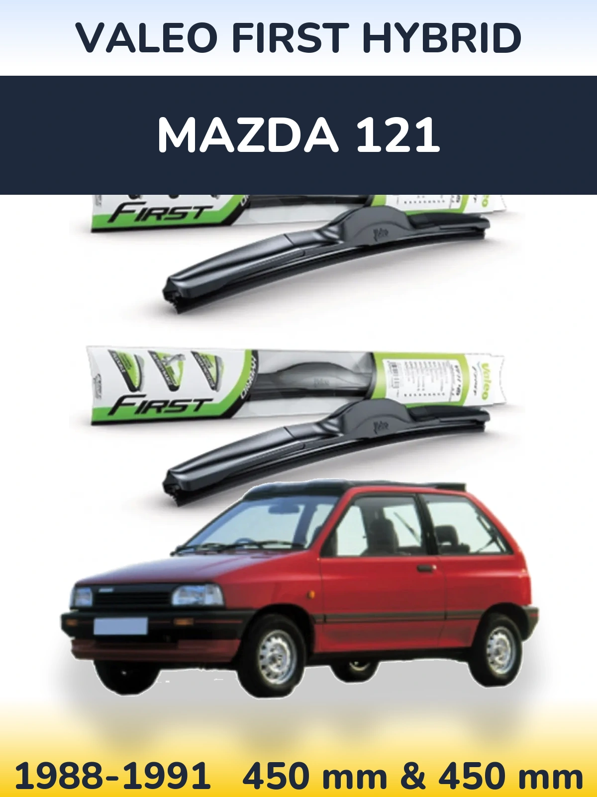 Front wiper blade set Valeo First Hybrid 450 & 450 mm for Mazda 121 1988-1991