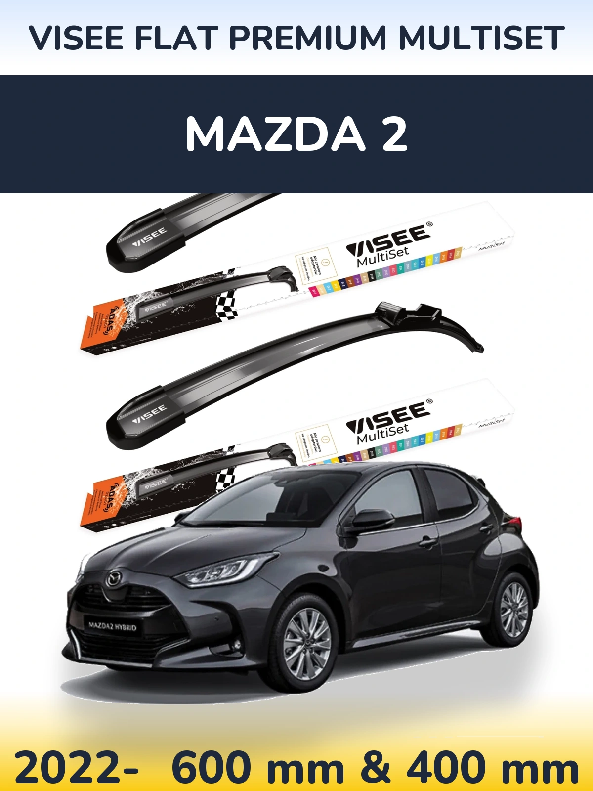 Комплект передніх щіток VISEE FLAT PREMIUM MultiSet 600 & 400 мм для Mazda 2 2022-2026