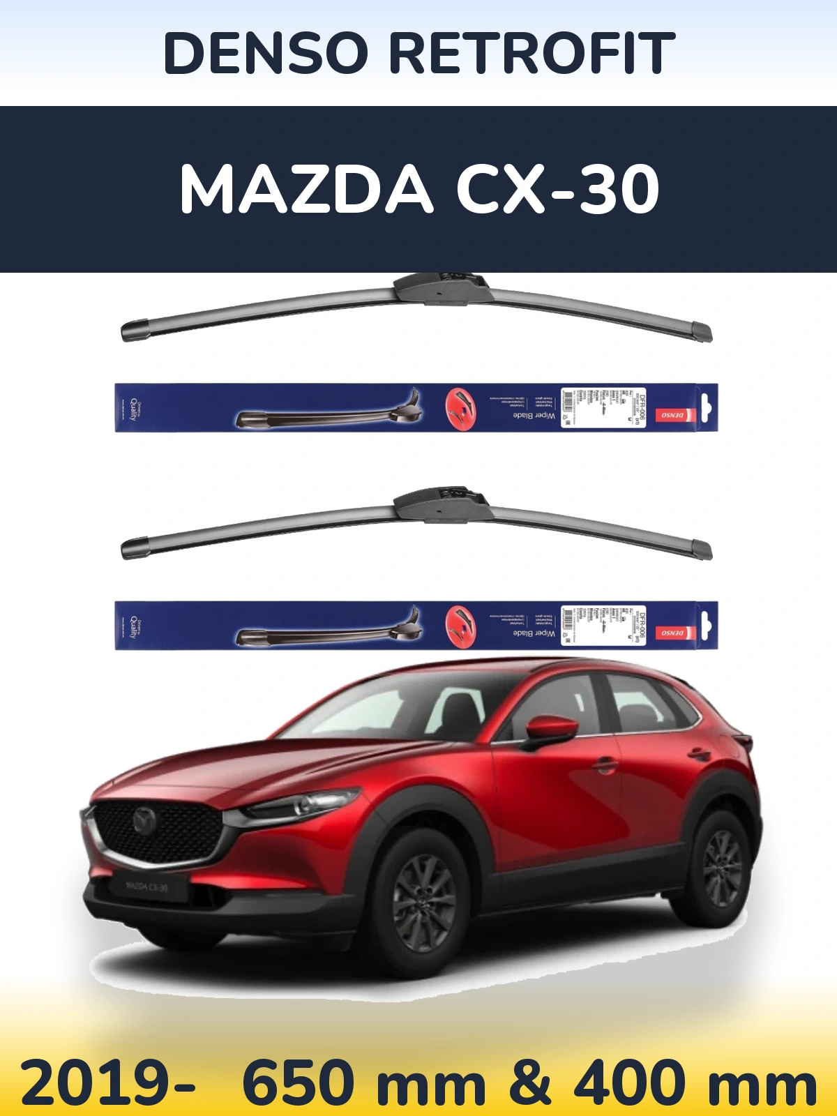 Front wiper blade set Denso Retrofit 650 & 400 mm for Mazda CX-30 2019-2026