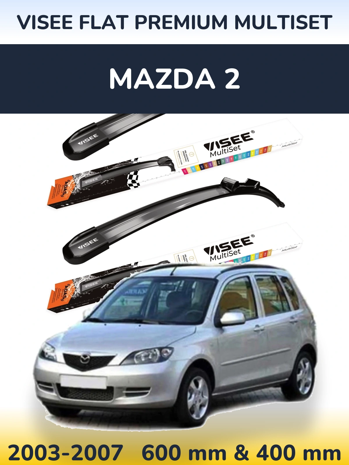 Front wiper blade set VISEE FLAT PREMIUM MultiSet 600 & 400 mm for Mazda 2 2003-2007