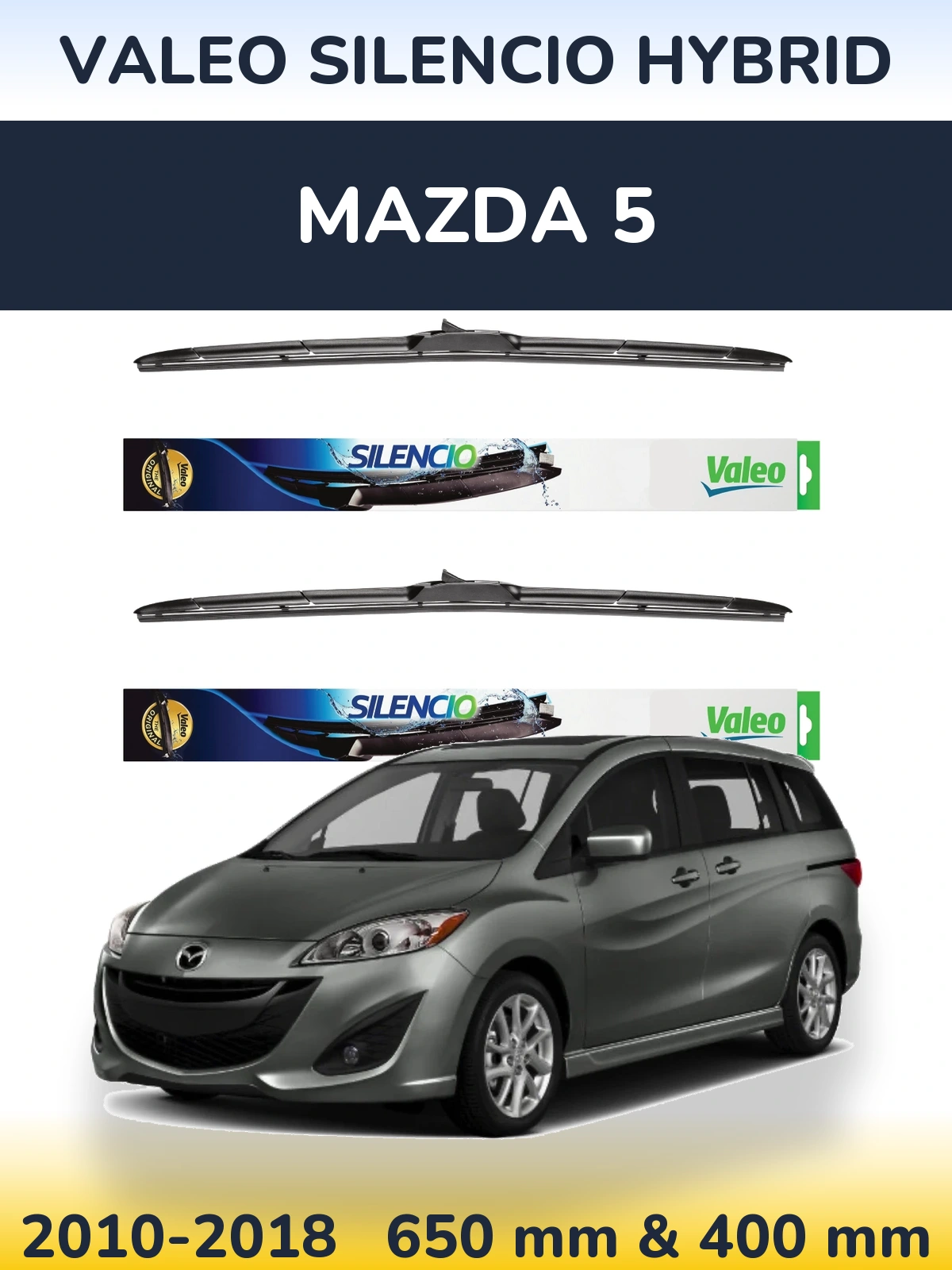 Front wiper blade set Valeo Silencio Hybrid 650 & 400 mm for Mazda 5 2010-2018