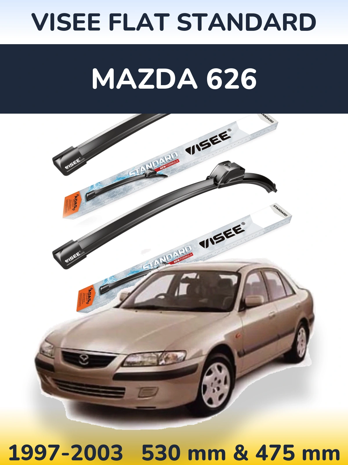 Front wiper blade set VISEE FLAT STANDARD 530 & 475 mm for Mazda 626 1997-2003