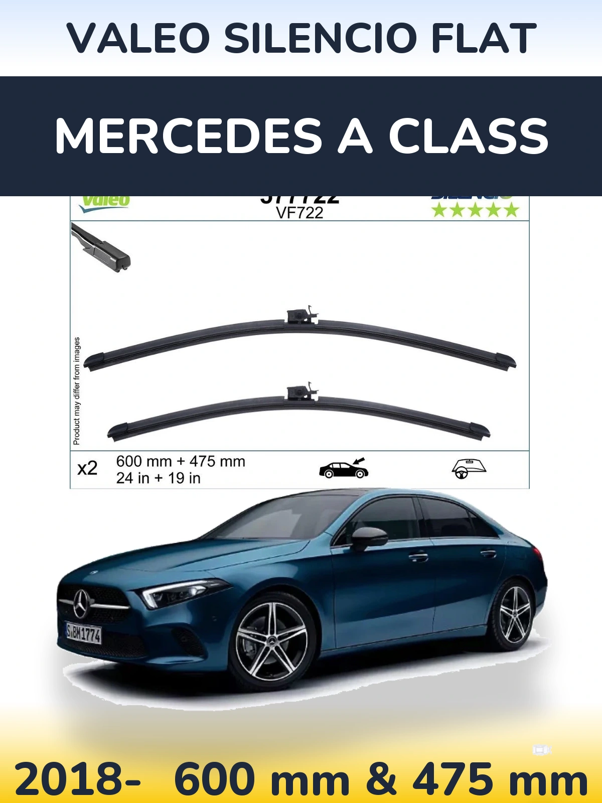 Комплект передніх щіток Valeo Silencio Flat 600 & 475 мм для Mercedes A Class 2018-2026