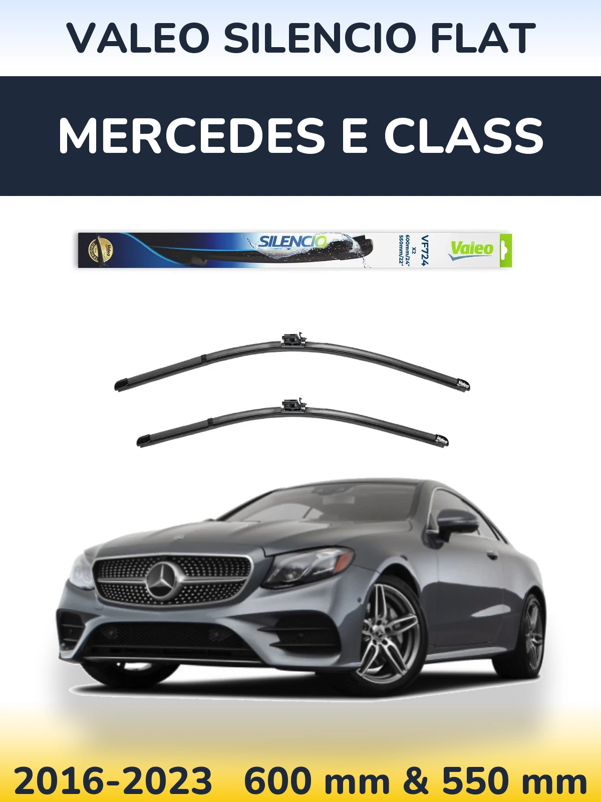 Front wiper blade set Valeo Silencio Flat 600 & 550 mm for Mercedes E Class 2016-2023