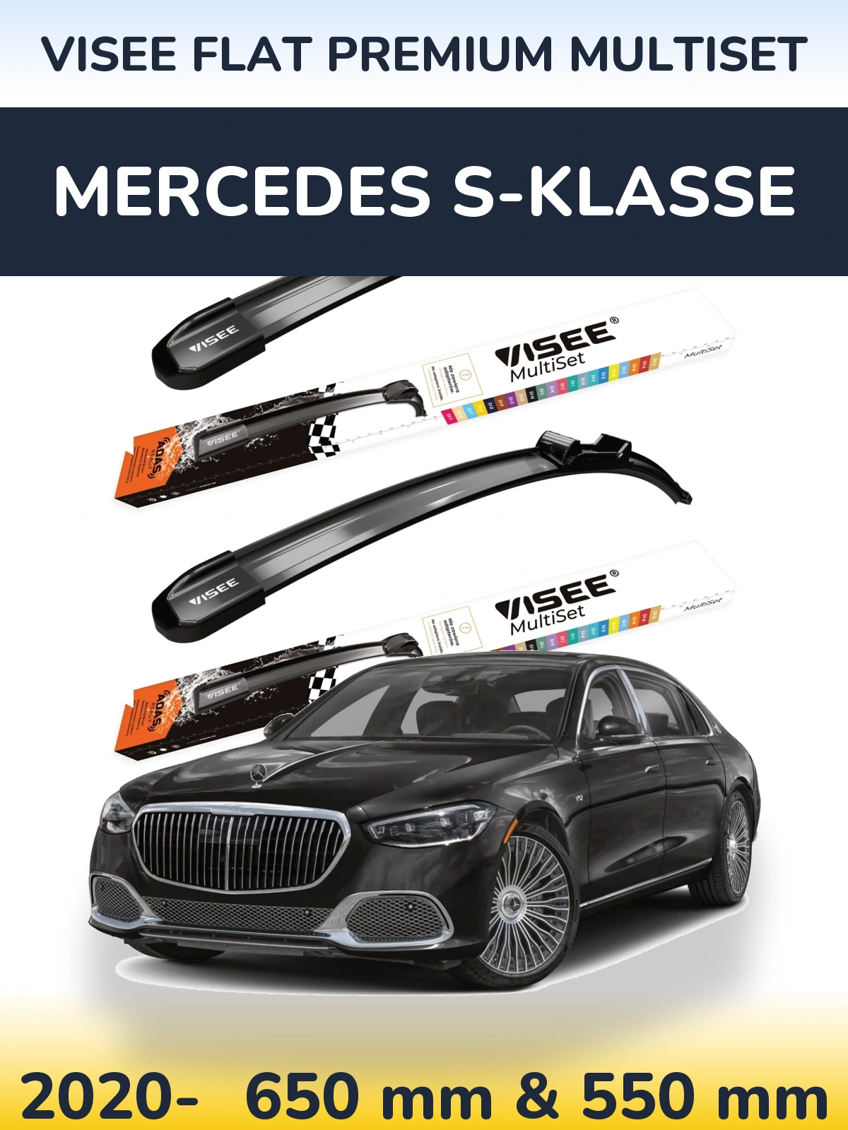 Комплект передних дворников VISEE FLAT PREMIUM MultiSet 650 & 550 мм для Mercedes S-Klasse 2020-2026