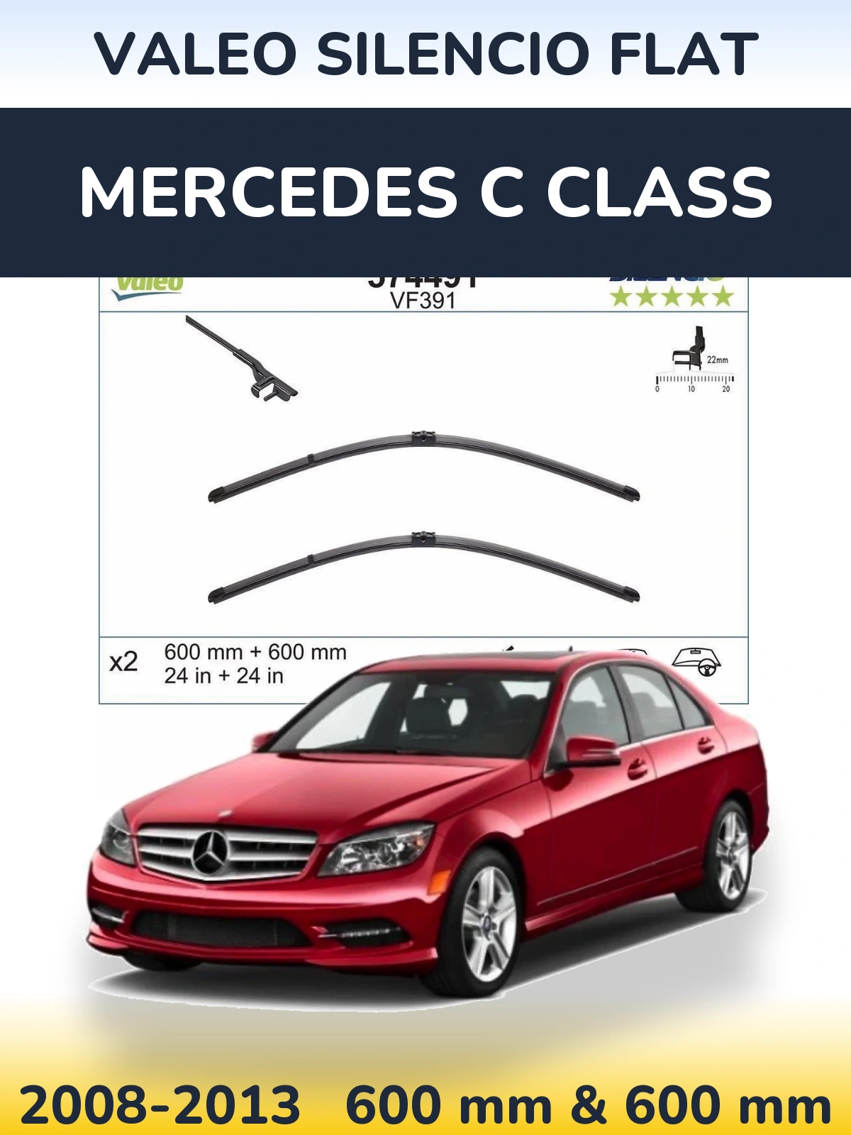 Front wiper blade set Valeo Silencio Flat 600 & 600 mm for Mercedes C Class 2008-2013