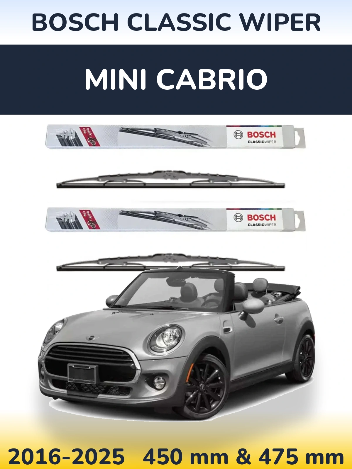 Комплект передних дворников BOSCH Classic Wiper 450 & 475 мм для MINI Cabrio 2016-2025