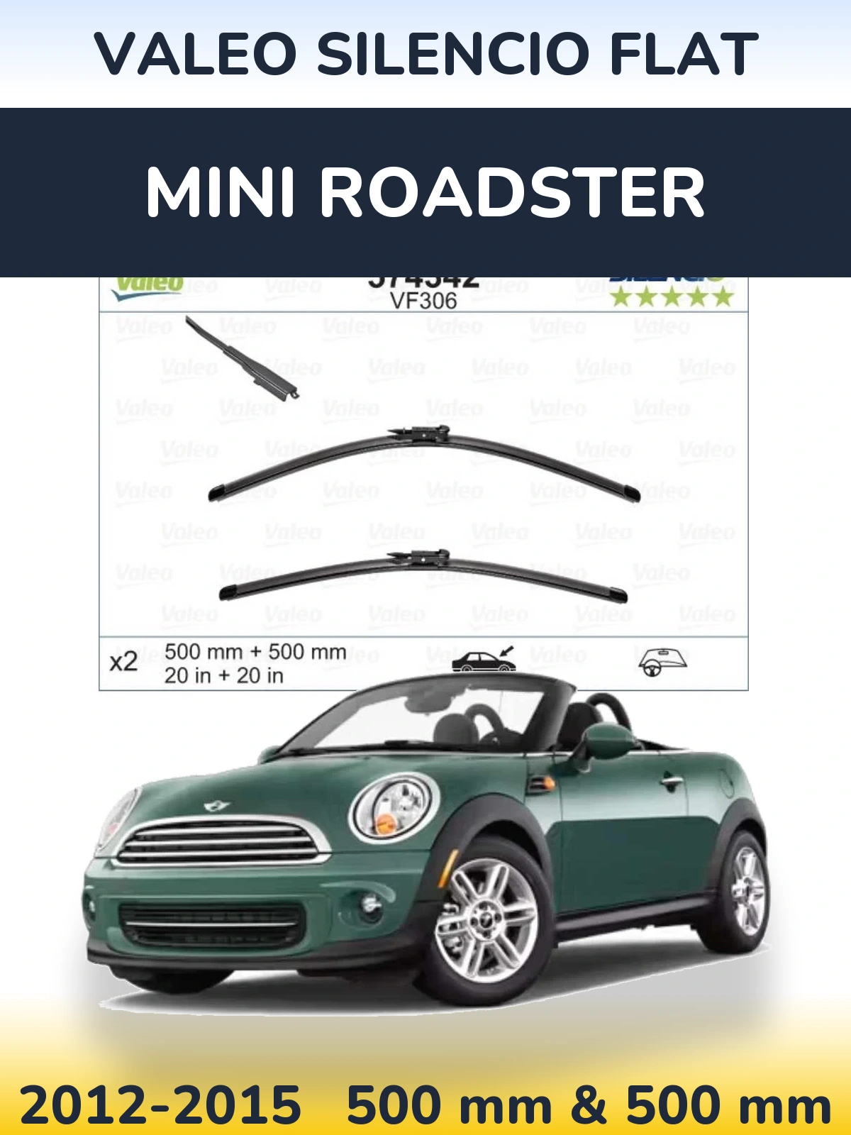 Front wiper blade set Valeo Silencio Flat 500 & 500 mm for MINI Roadster 2012-2015