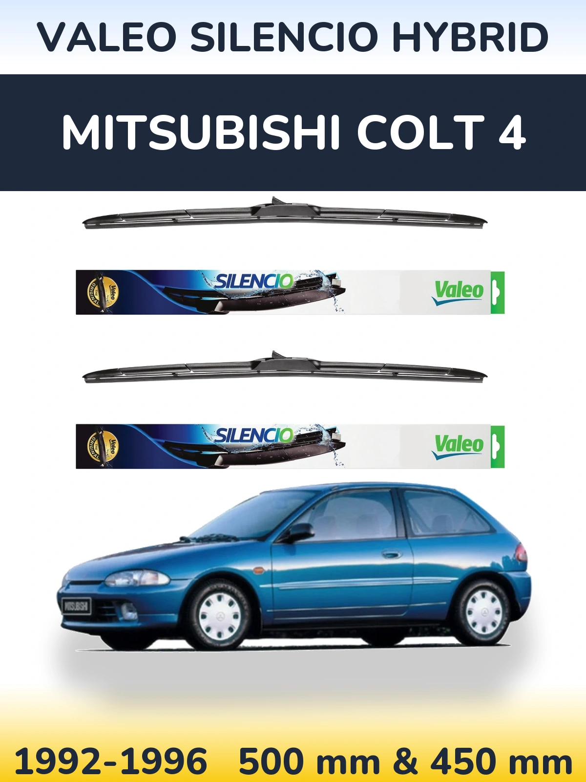 Front wiper blade set Valeo Silencio Hybrid 500 & 450 mm for Mitsubishi Colt 4 1992-1996