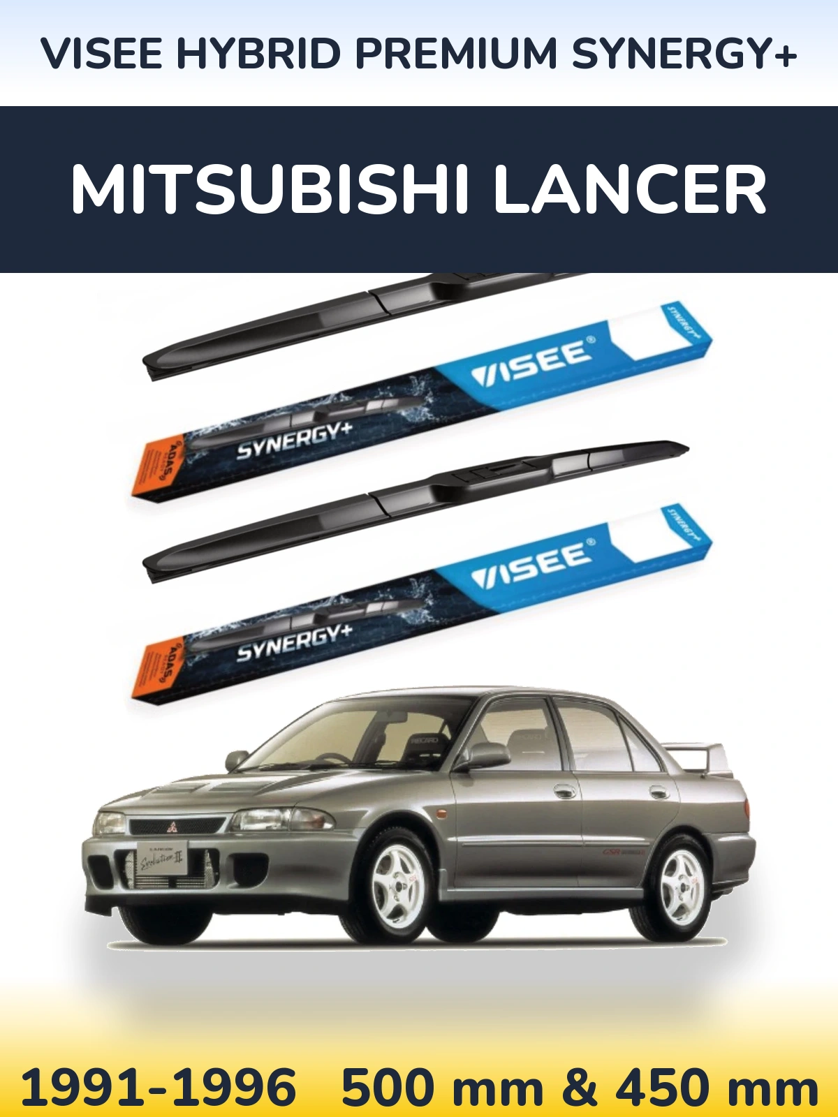 Front wiper blade set VISEE HYBRID PREMIUM SYNERGY+ 500 & 450 mm for Mitsubishi Lancer 1991-1996