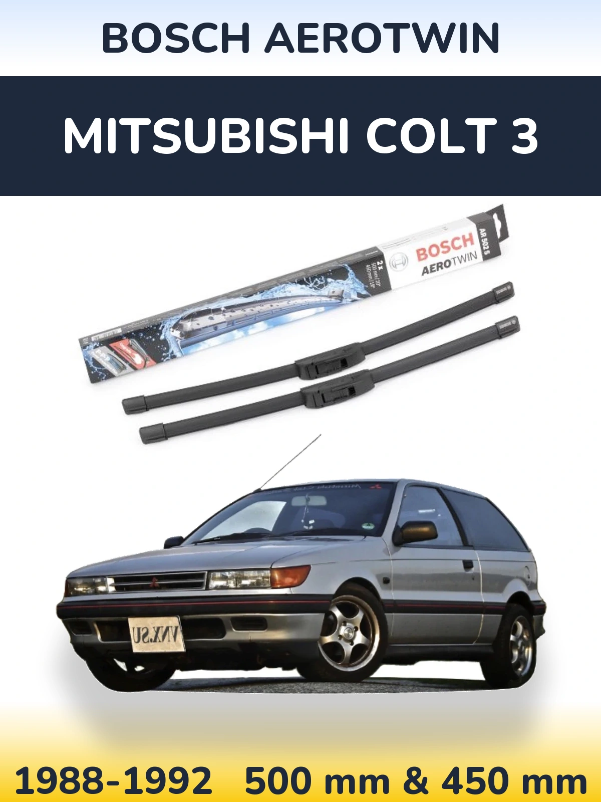 Front wiper blade set BOSCH AeroTwin 500 & 450 mm for Mitsubishi Colt 3 1988-1992