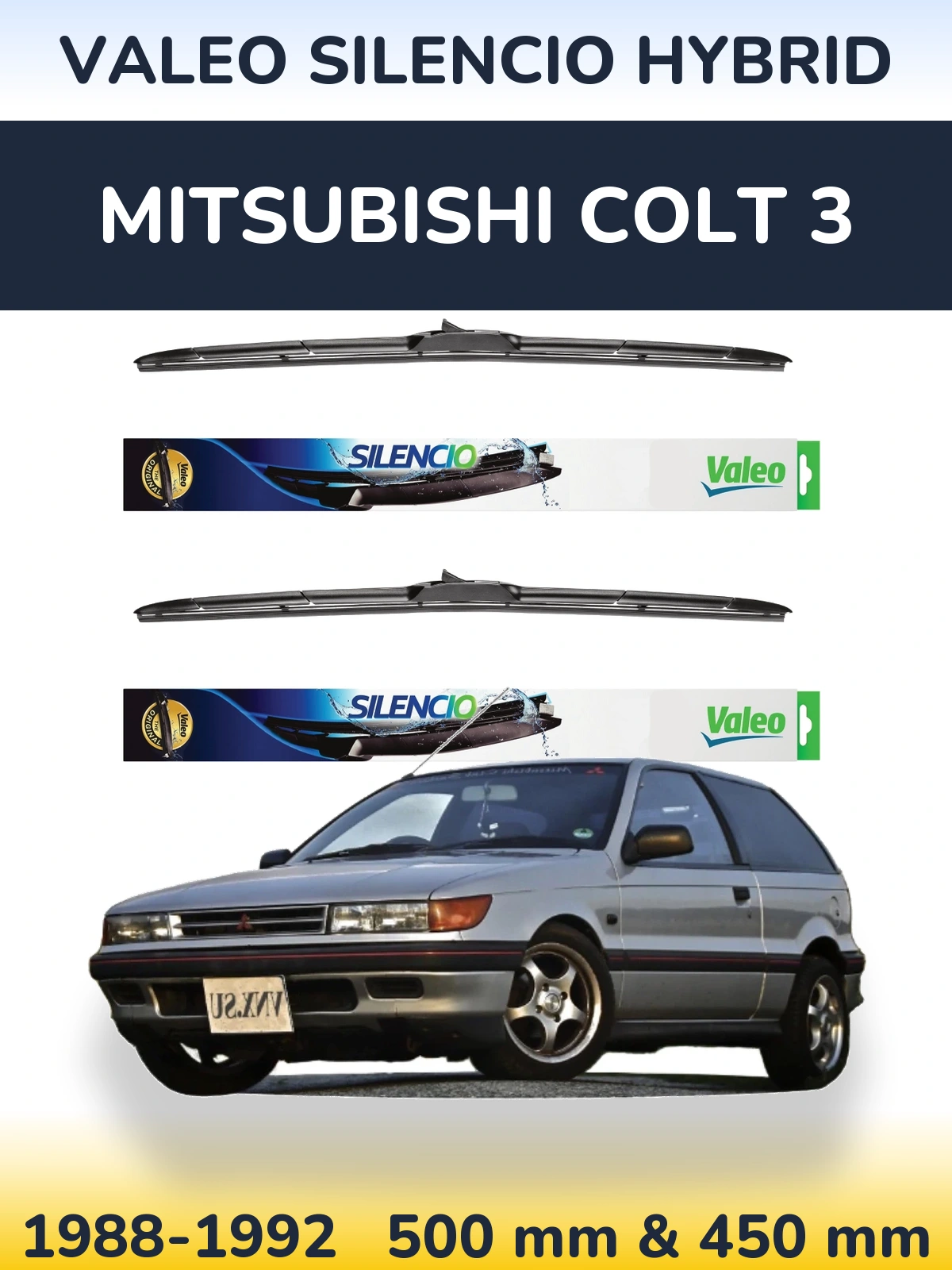 Front wiper blade set Valeo Silencio Hybrid 500 & 450 mm for Mitsubishi Colt 3 1988-1992