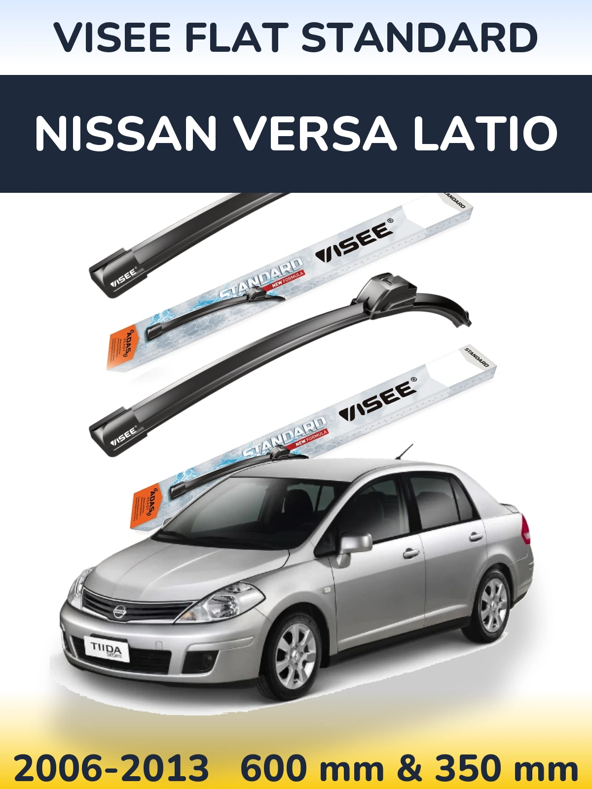 Комплект передних дворников VISEE FLAT STANDARD 600 & 350 мм для Nissan Versa Latio 2006-2013