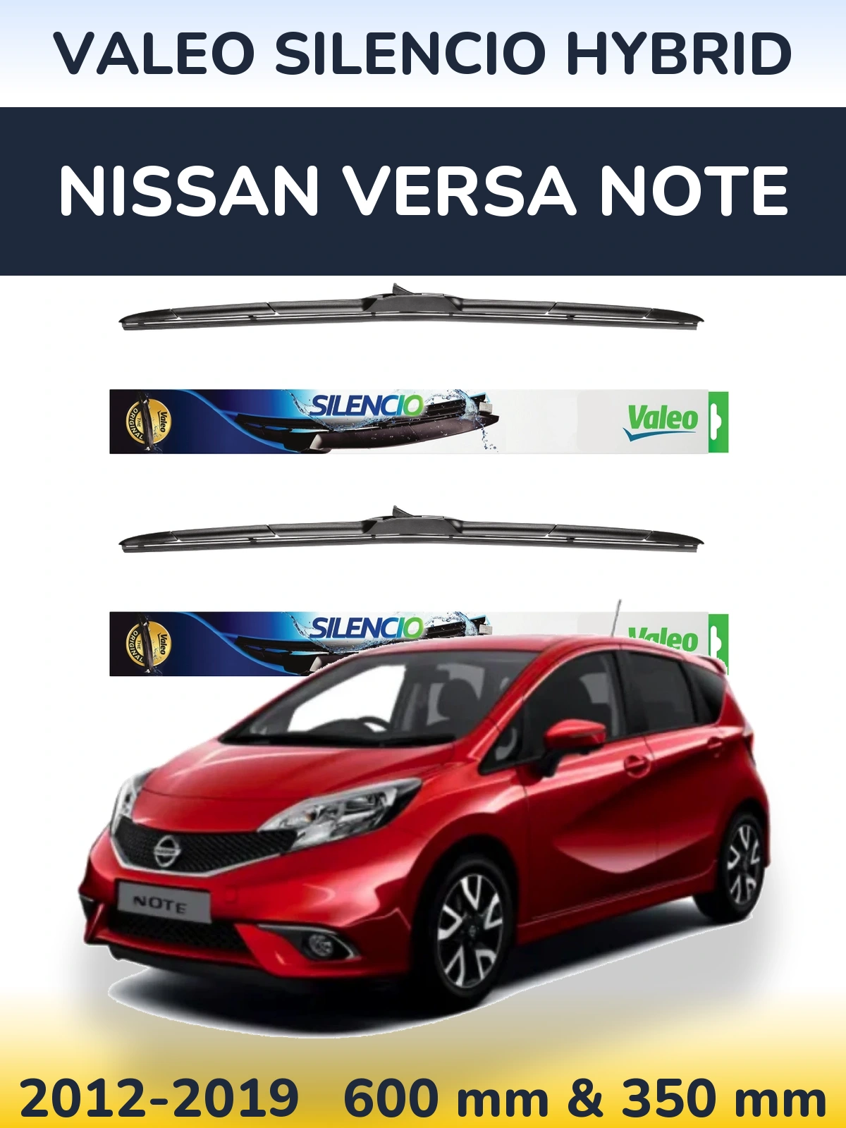 Front wiper blade set Valeo Silencio Hybrid 600 & 350 mm for Nissan Versa Note 2012-2019