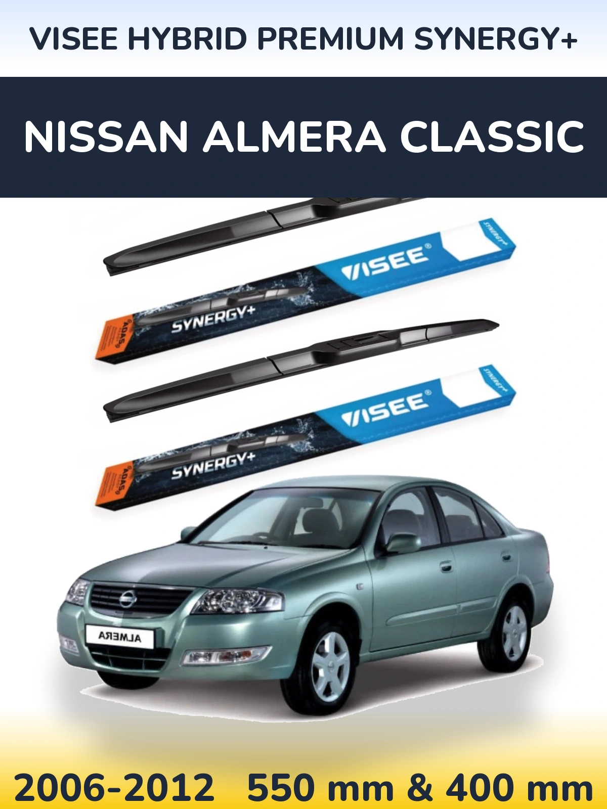 Front wiper blade set VISEE HYBRID PREMIUM SYNERGY+ 550 & 400 mm for Nissan Almera Classic 2006-2012