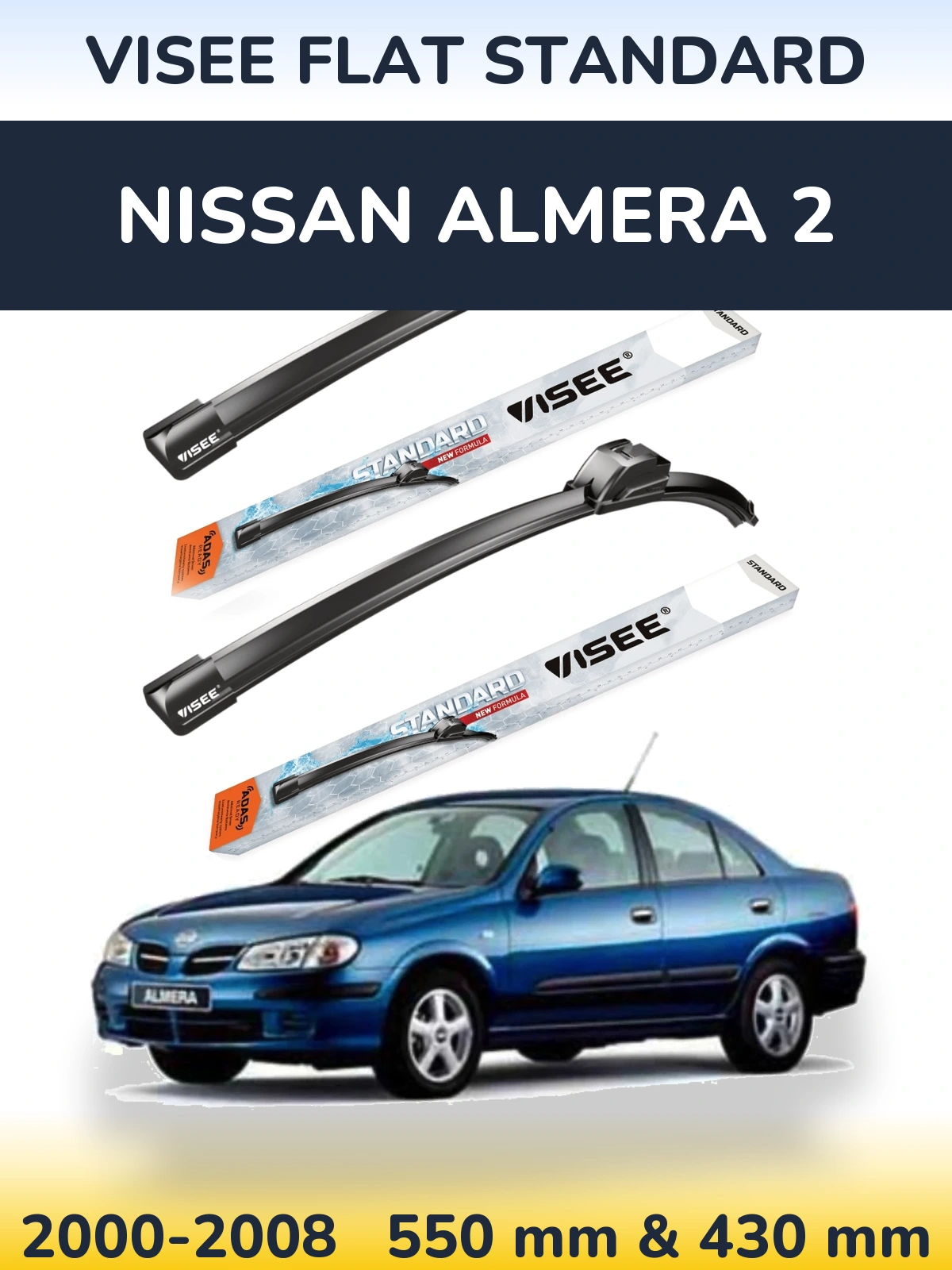 Front wiper blade set VISEE FLAT STANDARD 550 & 430 mm for Nissan Almera 2 2000-2008