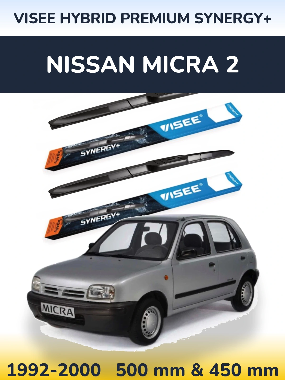 Комплект передніх щіток VISEE HYBRID PREMIUM SYNERGY+ 500 & 450 мм для Nissan Micra 2 1992-2000
