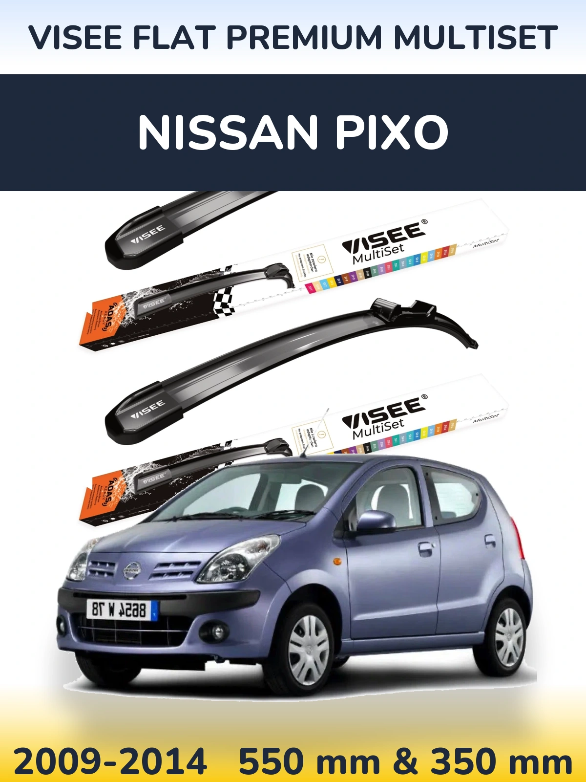 Комплект передних дворников VISEE FLAT PREMIUM MultiSet 550 & 350 мм для Nissan Pixo 2009-2014