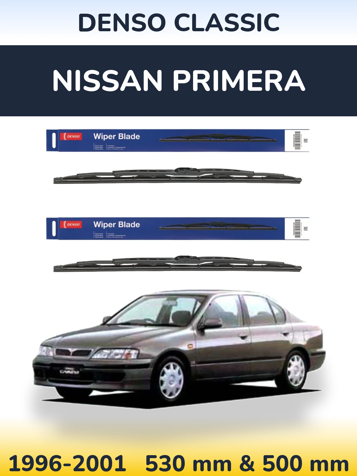 Front wiper blade set Denso Classic 530 & 500 mm for Nissan Primera 1996-2001