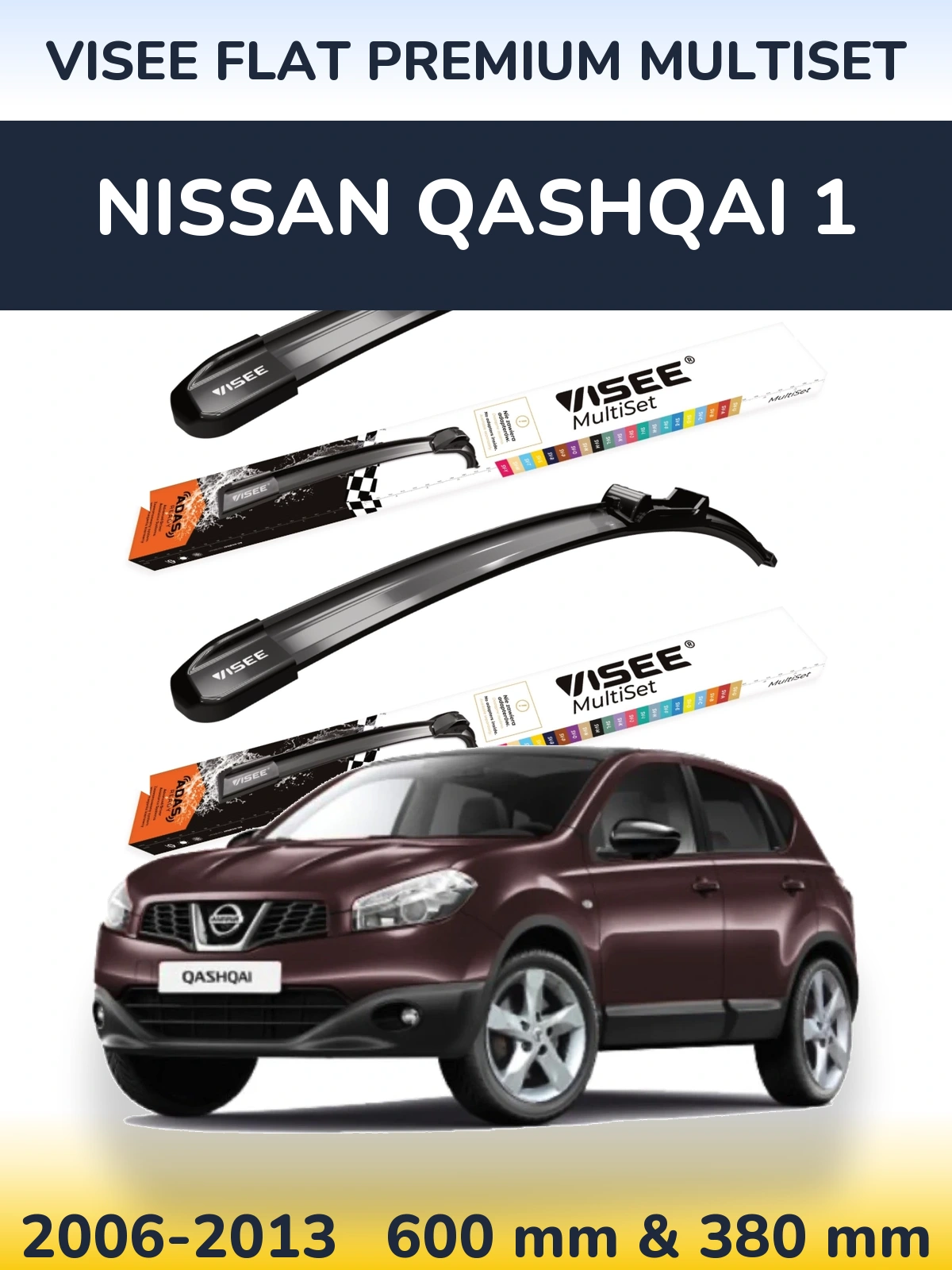 Front wiper blade set VISEE FLAT PREMIUM MultiSet 600 & 380 mm for Nissan Qashqai 1 2006-2013