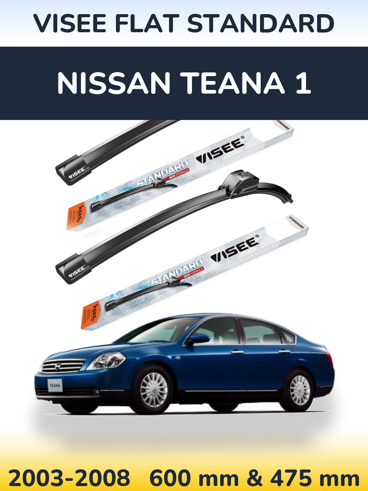Front wiper blade set VISEE FLAT STANDARD 600 & 475 mm for Nissan Teana 1 2003-2008