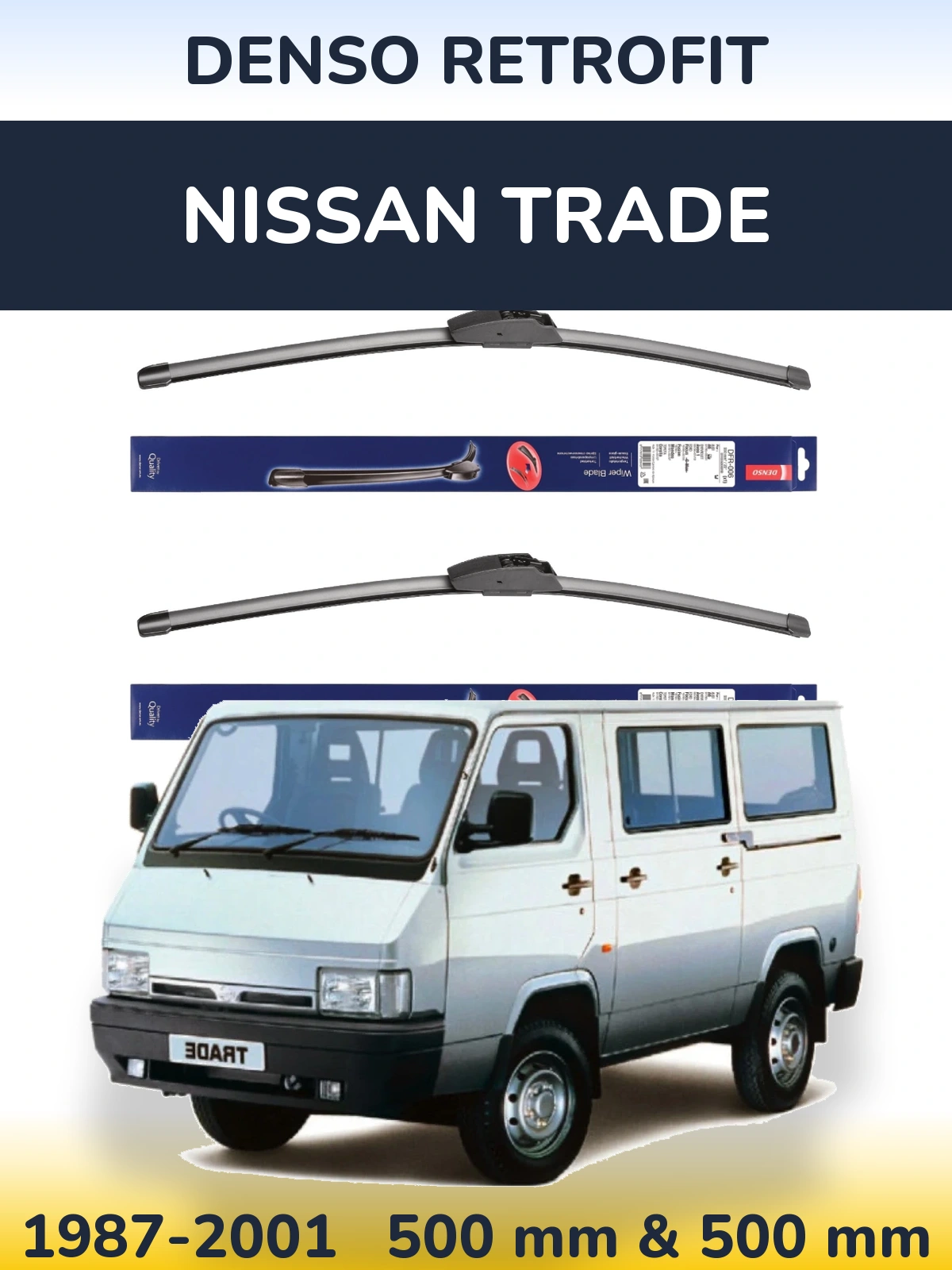 Front wiper blade set Denso Retrofit 500 & 500 mm for Nissan Trade 1987-2001