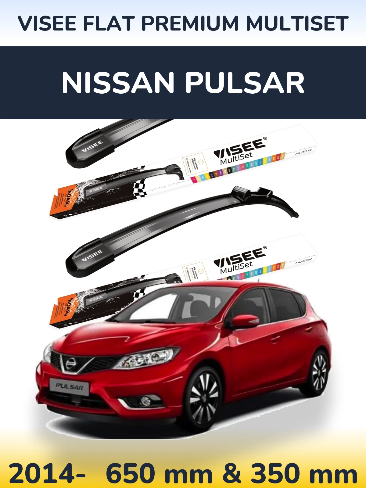 Комплект передніх щіток VISEE FLAT PREMIUM MultiSet 650 & 350 мм для Nissan Pulsar 2014-2026