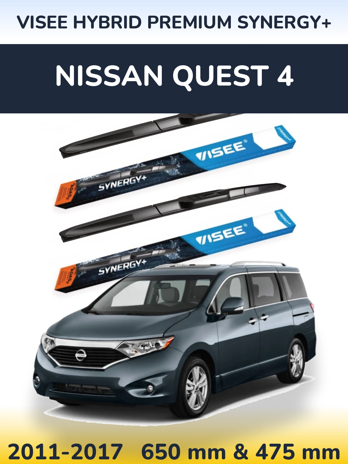 Front wiper blade set VISEE HYBRID PREMIUM SYNERGY+ 650 & 475 mm for Nissan Quest 4 2011-2017