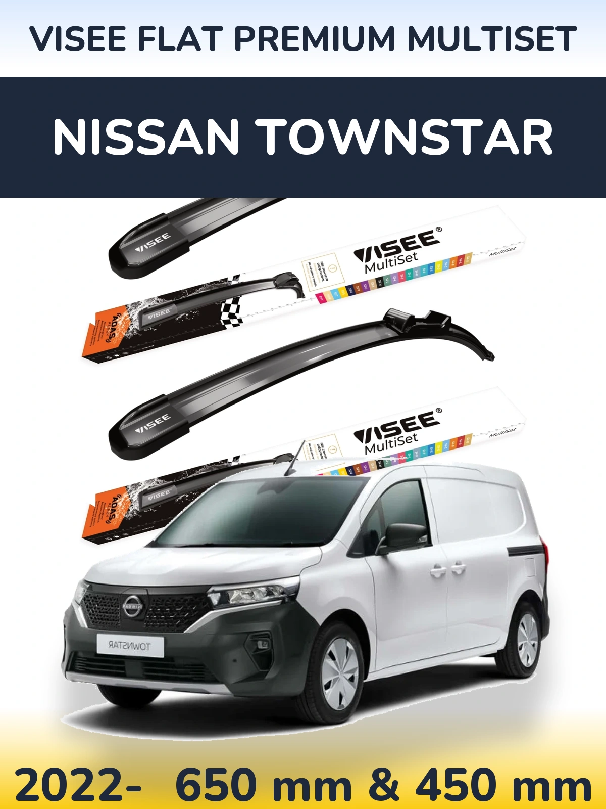 Комплект передних дворников VISEE FLAT PREMIUM MultiSet 650 & 450 мм для Nissan Townstar 2022-2026