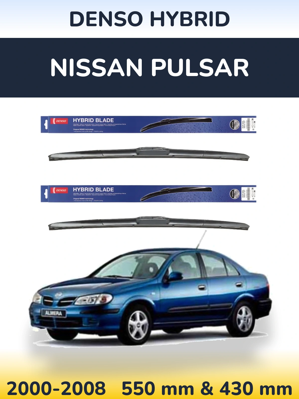 Front wiper blade set Denso Hybrid 550 & 430 mm for Nissan Pulsar 2000-2008