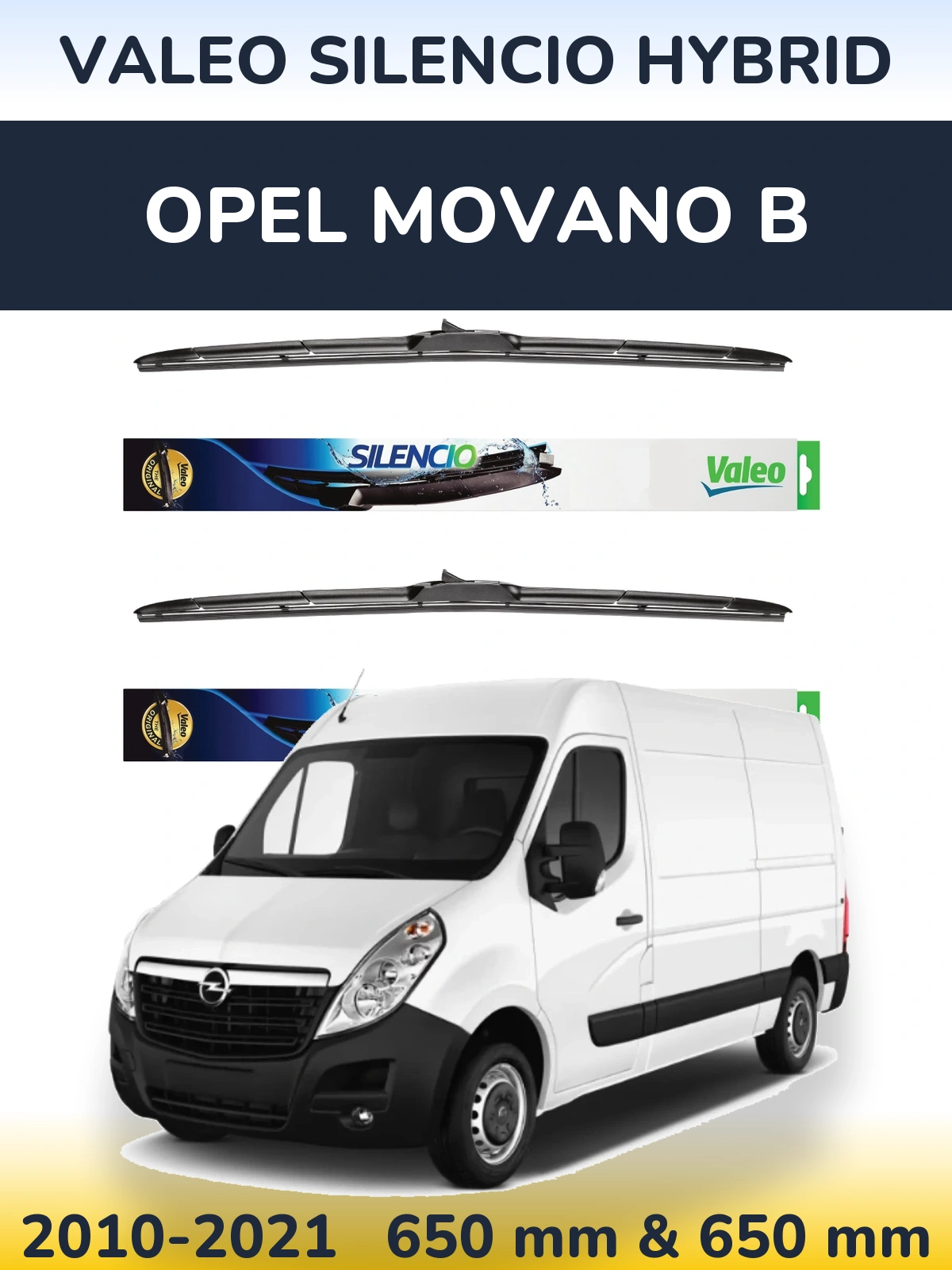 Front wiper blade set Valeo Silencio Hybrid 650 & 650 mm for Opel Movano B 2010-2021