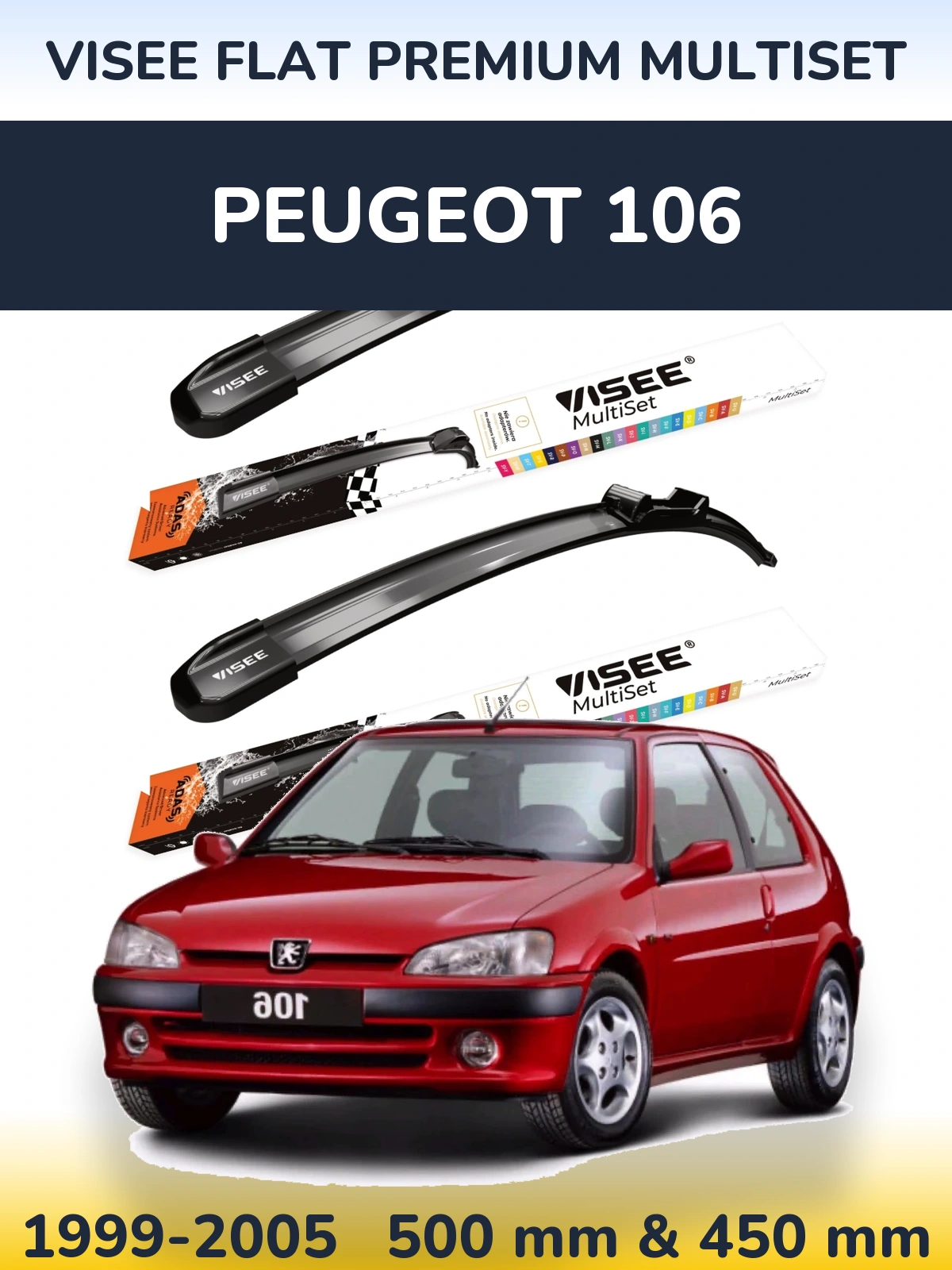 Комплект передних дворников VISEE FLAT PREMIUM MultiSet 500 & 450 мм для Peugeot 106 1999-2005