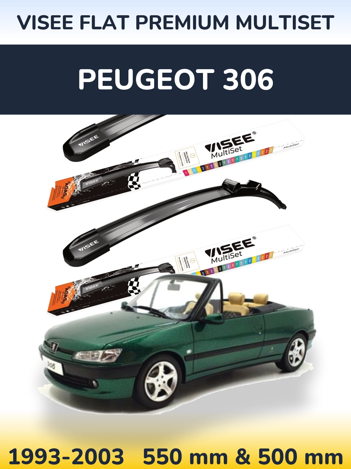 Комплект передніх щіток VISEE FLAT PREMIUM MultiSet 550 & 500 мм для Peugeot 306 1993-2003