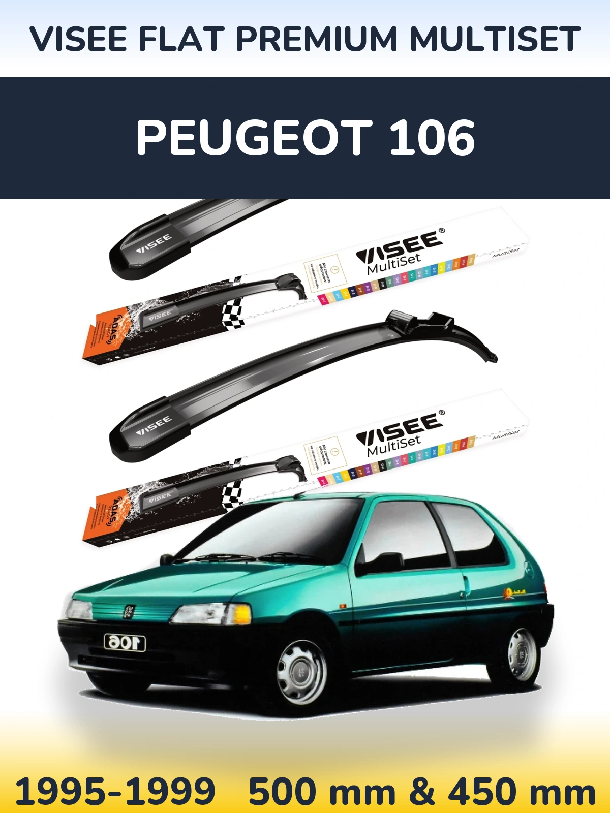 Комплект передніх щіток VISEE FLAT PREMIUM MultiSet 500 & 450 мм для Peugeot 106 1995-1999