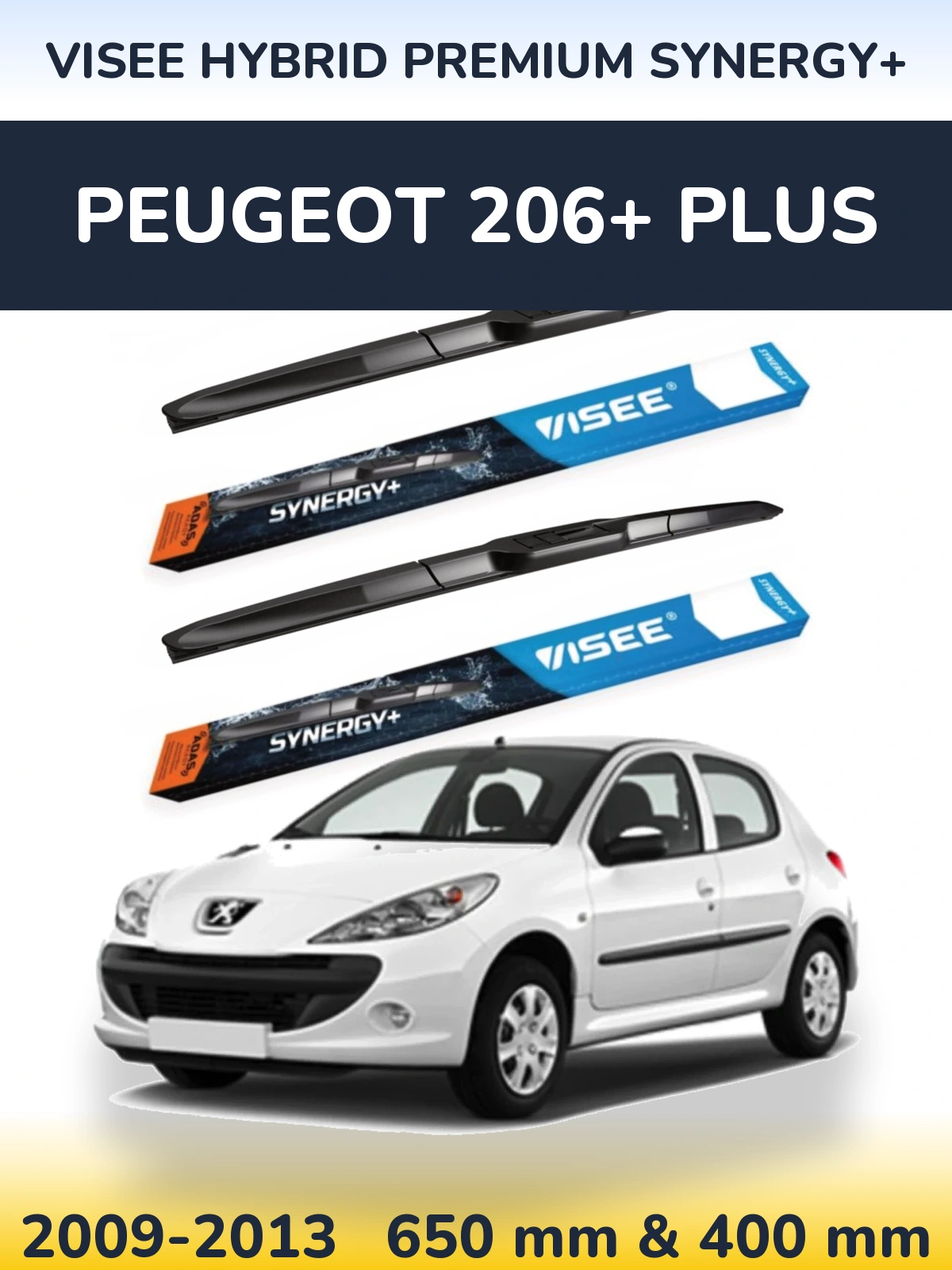 Front wiper blade set VISEE HYBRID PREMIUM SYNERGY+ 650 & 400 mm for Peugeot 206+ Plus 2009-2013