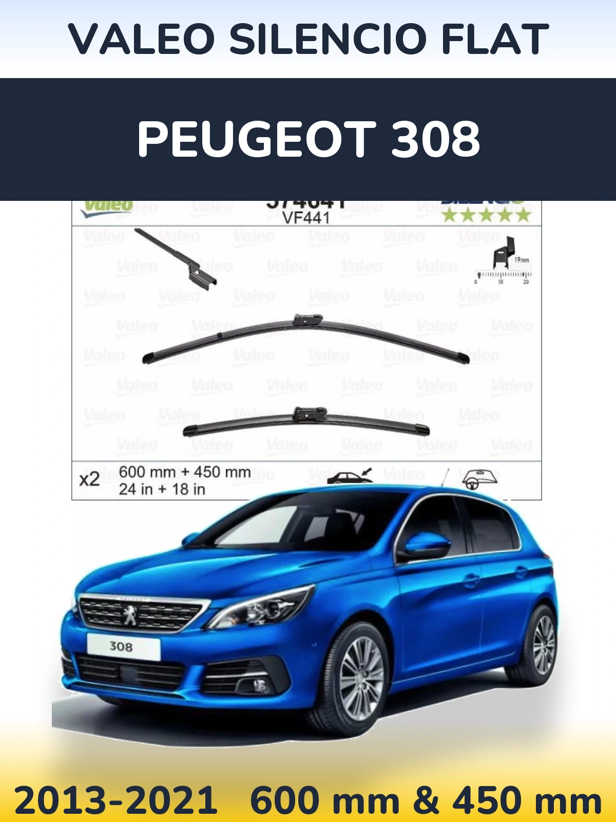 Комплект передних дворников Valeo Silencio Flat 600 & 450 мм для Peugeot 308 2013-2021