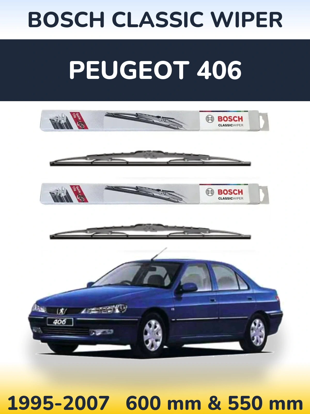 Front wiper blade set BOSCH Classic Wiper 600 & 550 mm for Peugeot 406 1995-2007
