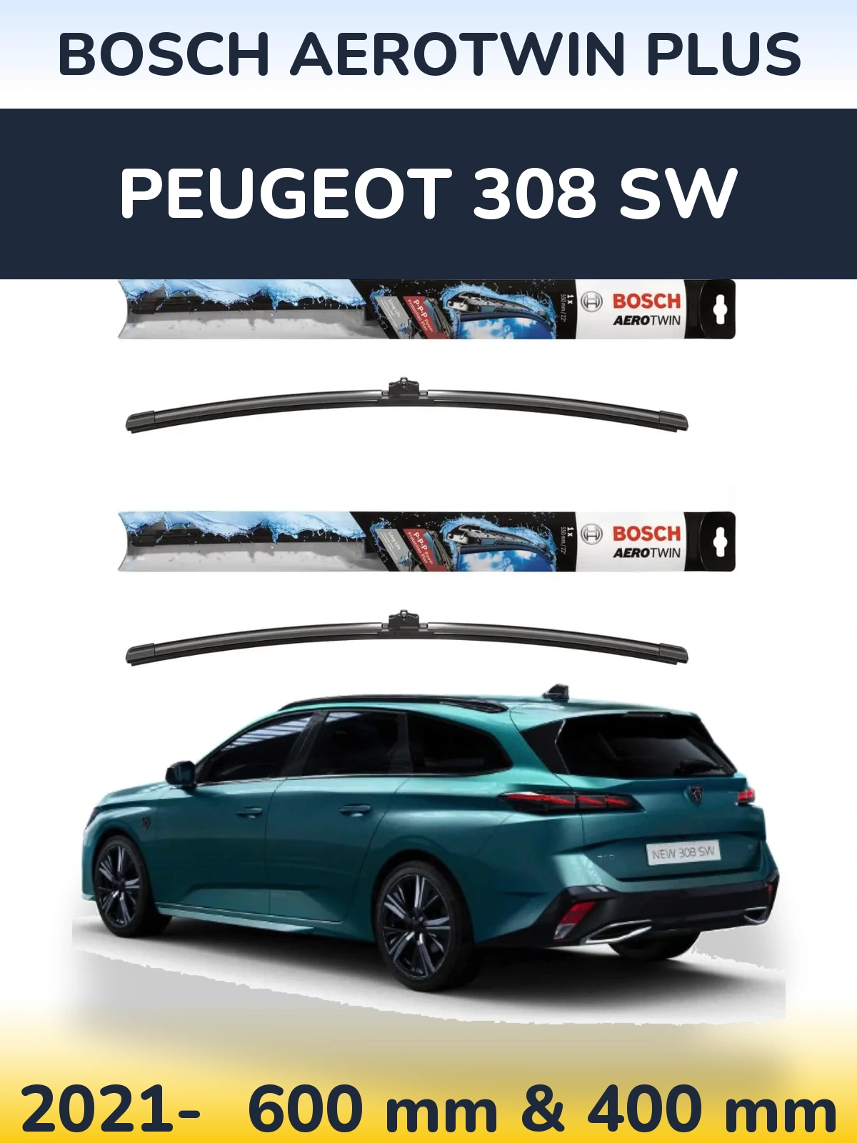 Комплект передних дворников BOSCH AeroTwin Plus 600 & 400 мм для Peugeot 308 SW 2021-2026