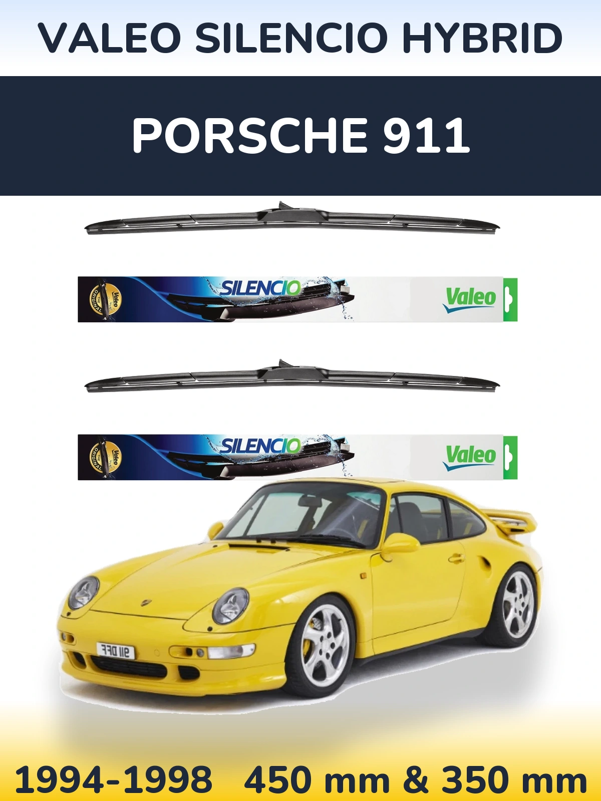 Front wiper blade set Valeo Silencio Hybrid 450 & 350 mm for Porsche 911 1994-1998