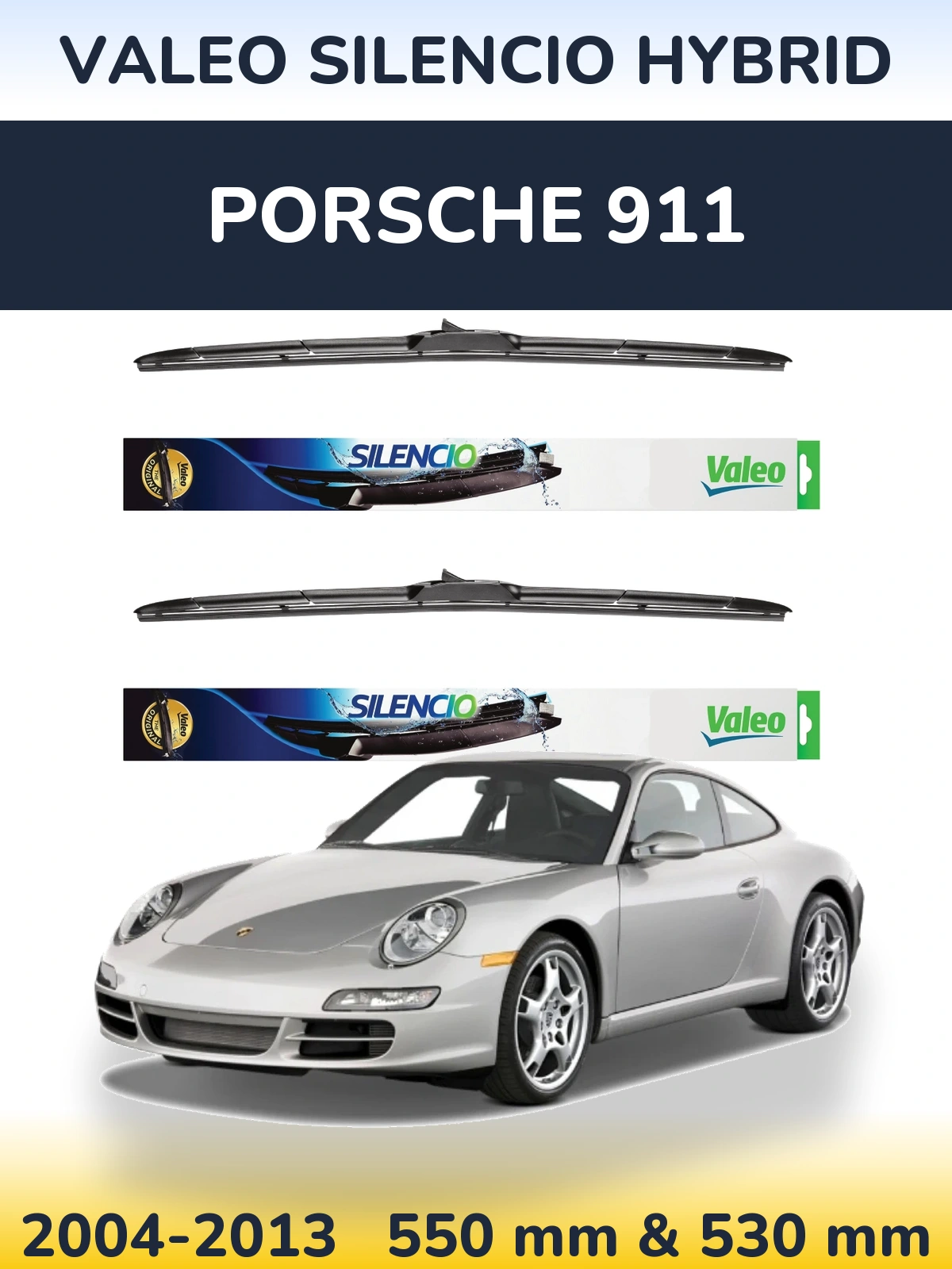 Front wiper blade set Valeo Silencio Hybrid 550 & 530 mm for Porsche 911 2004-2013