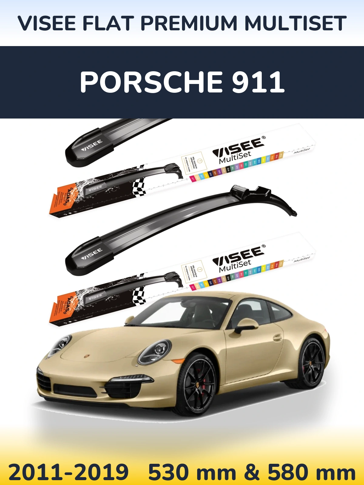Front wiper blade set VISEE FLAT PREMIUM MultiSet 530 & 580 mm for Porsche 911 2011-2019