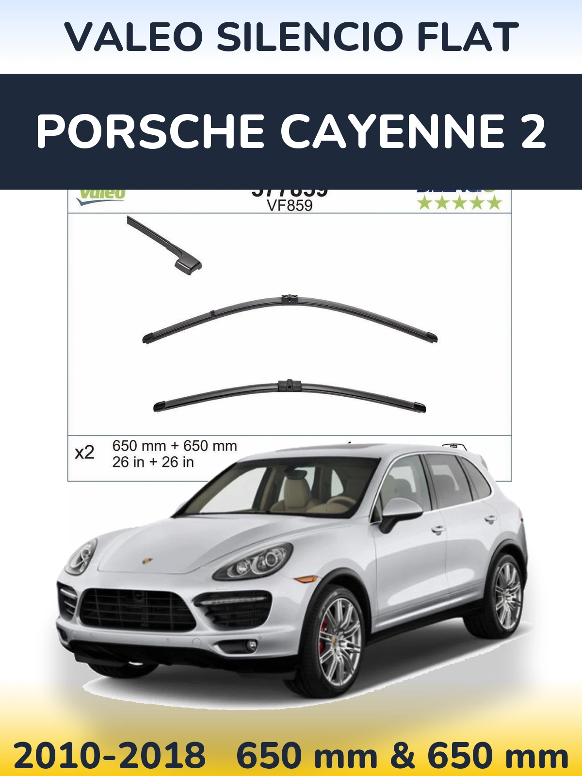 Front wiper blade set Valeo Silencio Flat 650 & 650 mm for Porsche Cayenne 2 2010-2018