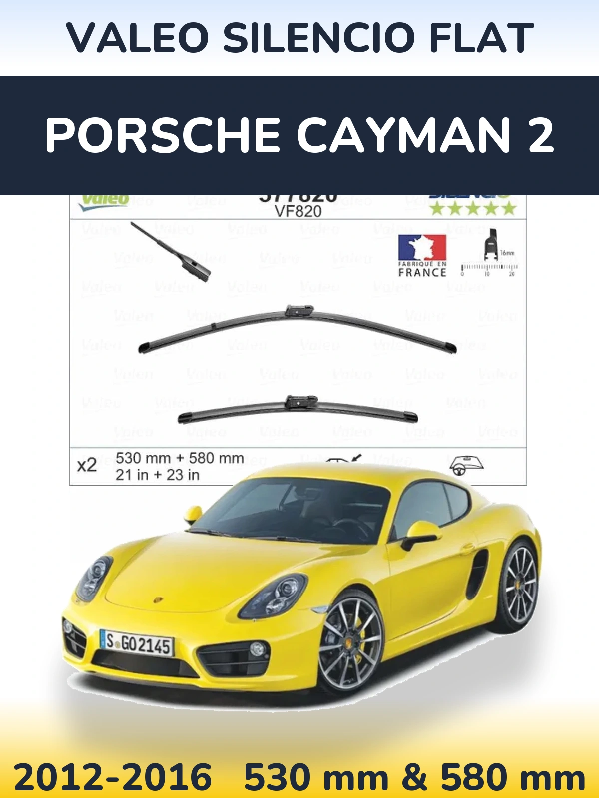 Front wiper blade set Valeo Silencio Flat 530 & 580 mm for Porsche Cayman 2 2012-2016