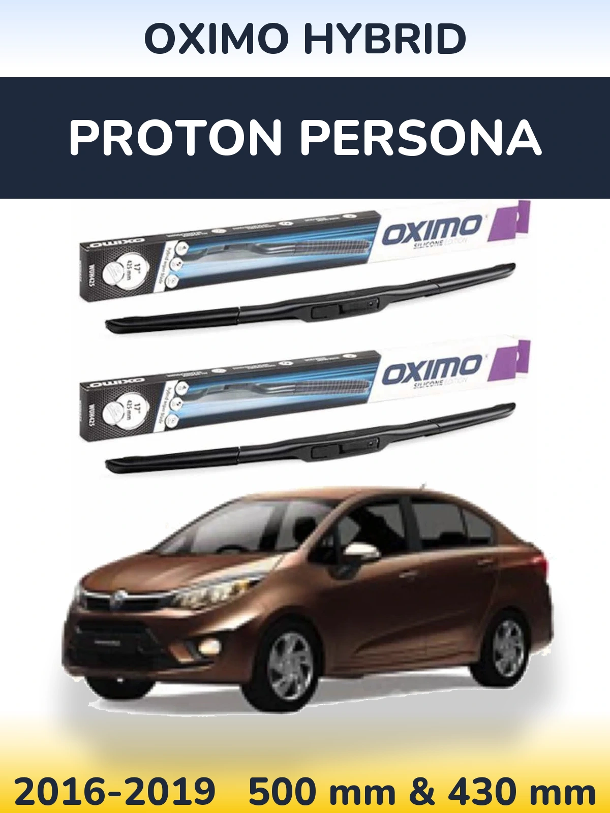 Комплект передних дворников Oximo Hybrid 500 & 430 мм для Proton Persona 2016-2019