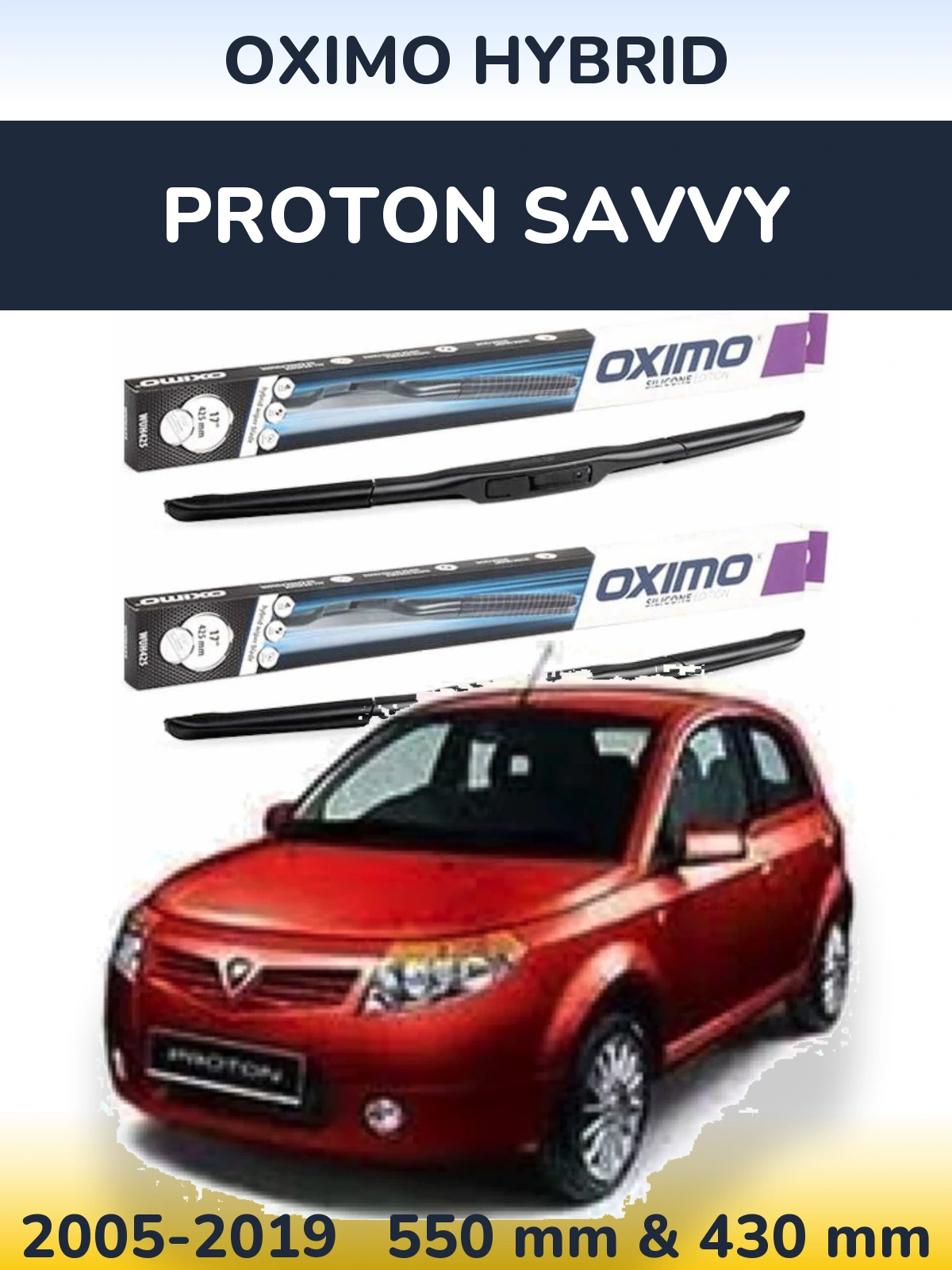 Front wiper blade set Oximo Hybrid 550 & 430 mm for Proton Savvy 2005-2019