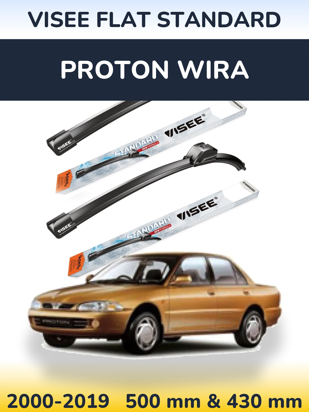 Комплект передних дворников VISEE FLAT STANDARD 500 & 430 мм для Proton Wira 2000-2019